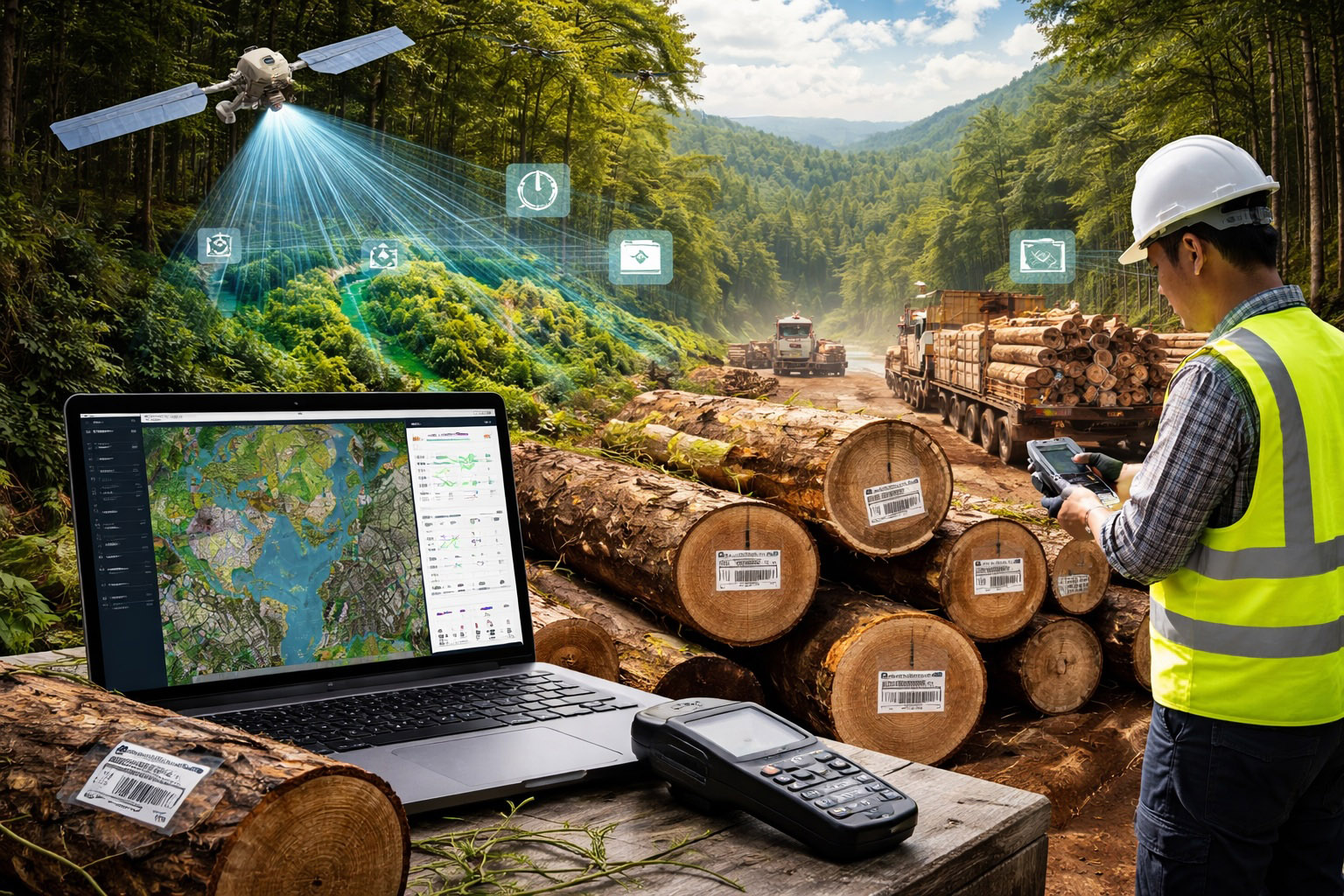 Forestry worker scanning barcode-tagged logs with satellite monitoring and digital tracking system